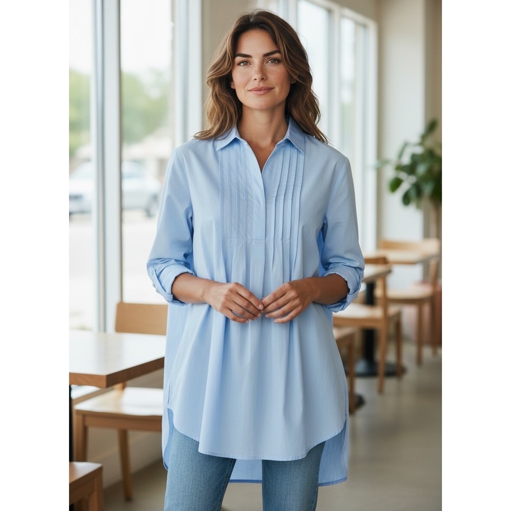 J JILL Tunic Blouse Sz L Blue Popover Minimalist Office Arty Hamptons Coastal